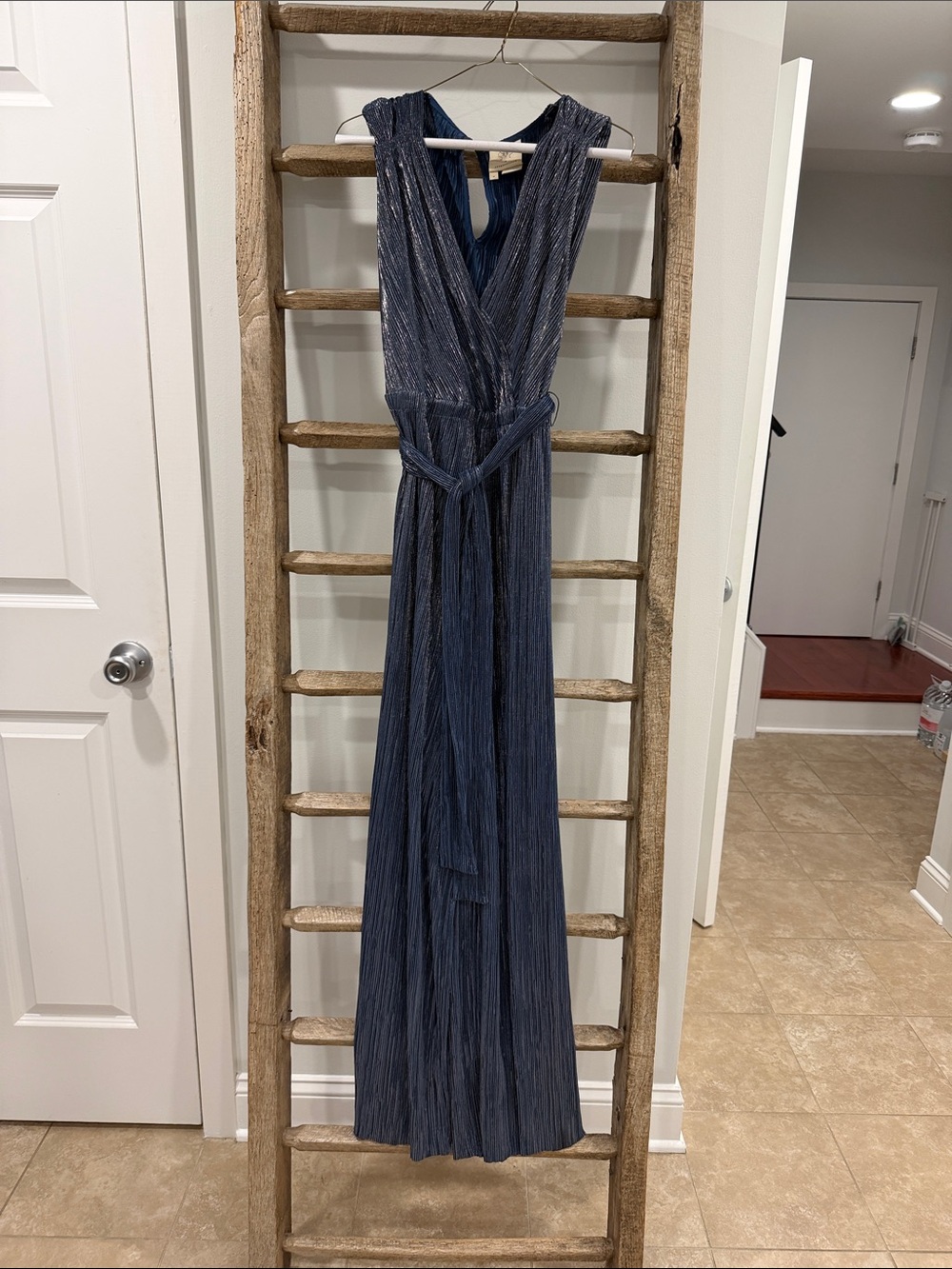 Anthropologie Sleeveless Blue Metallic Pleated Jumpsuit, Size M